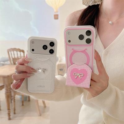 Korean Plaid Diamond Bow With Fold Stand Phone Case for iPhone 17 Pro 15 13 14 16 Pro Max Cover Simple Polka Dot Shockproof Fund