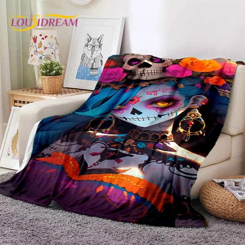 Totenkopf Totes Mädchen 3D Gothic Horror Weiblich Rose Weiche Flanelldecke für Betten Schlafzimmer Sofa Picknick, Überwurfdecke zum Zudecken Freizeit