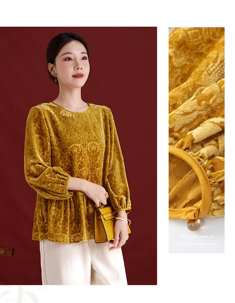 Damtopp med lång ärm i sidenvelour - Ungdomligt kinesiskt lapptäcksmönster, Rundhalsmodell