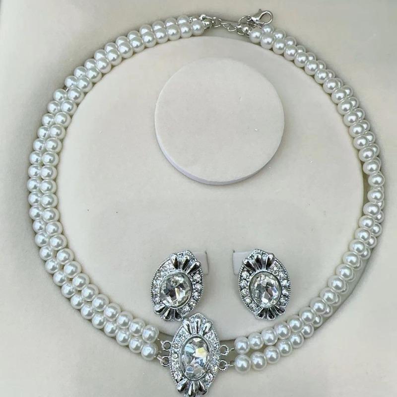 Retro Imitation Pearl Multi-layer Necklace - Green Rhinestone Luxury Necklace