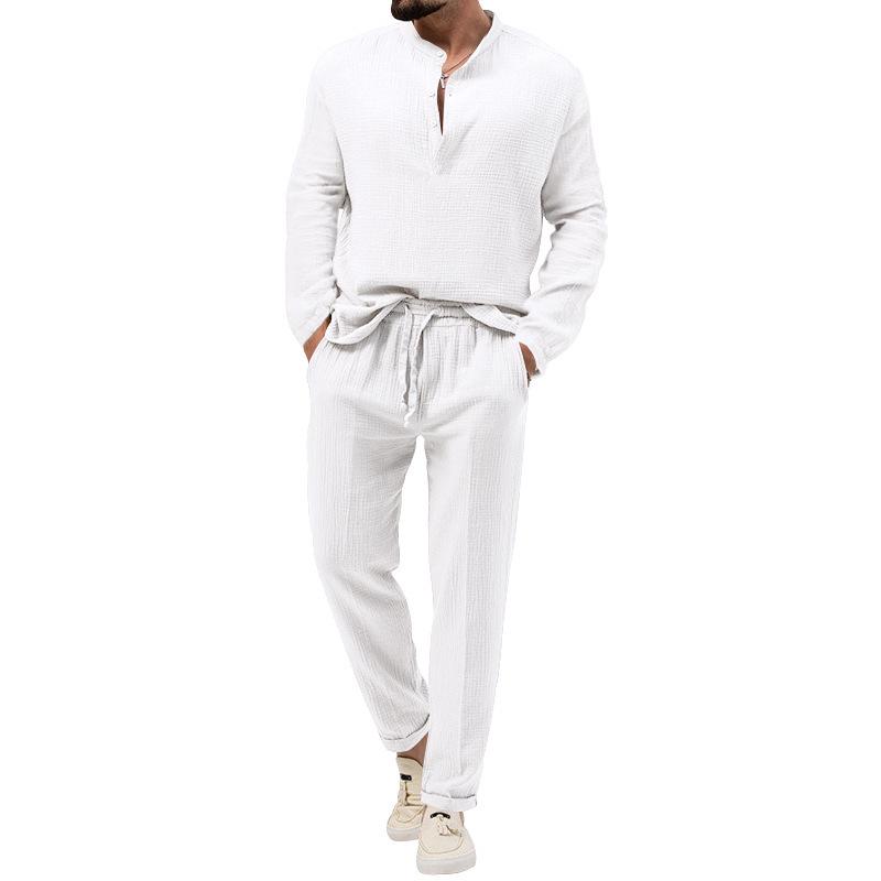 

Men s Solid Color Casual Long-Sleeve T-shirt and Pants Set for Spring/Autumn 2026 M белый