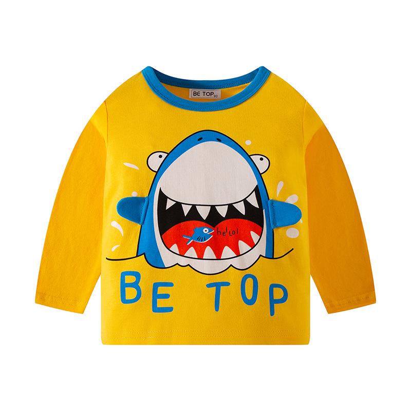 2026 Cartoon Shark Print Boys Pure Cotton Long Sleeve T-shirt - Round Neck, Autumn Wear 100 cm