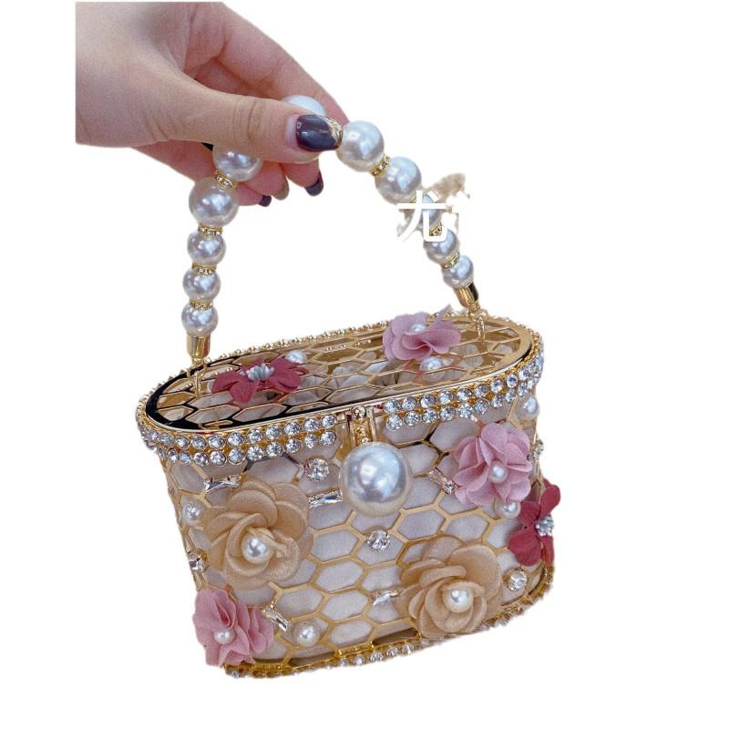 Sparkling Hollow Flower Rhinestone Embellished Medium Water Bucket Bag Evening Party Handheld Crossbody