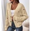 Womens V-Neck Knit Cardigan With Heart Embroidery Winter Lightweight Open Front Sweater