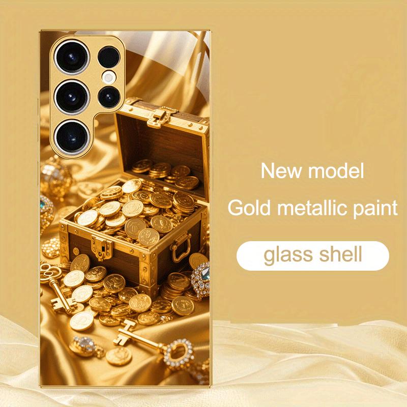 Gold coin patterned glass phone case suitable for Samsung Galaxy S26 S25 S24 S23 S22 S20 FE/Ultra/Plus anti drop back cover