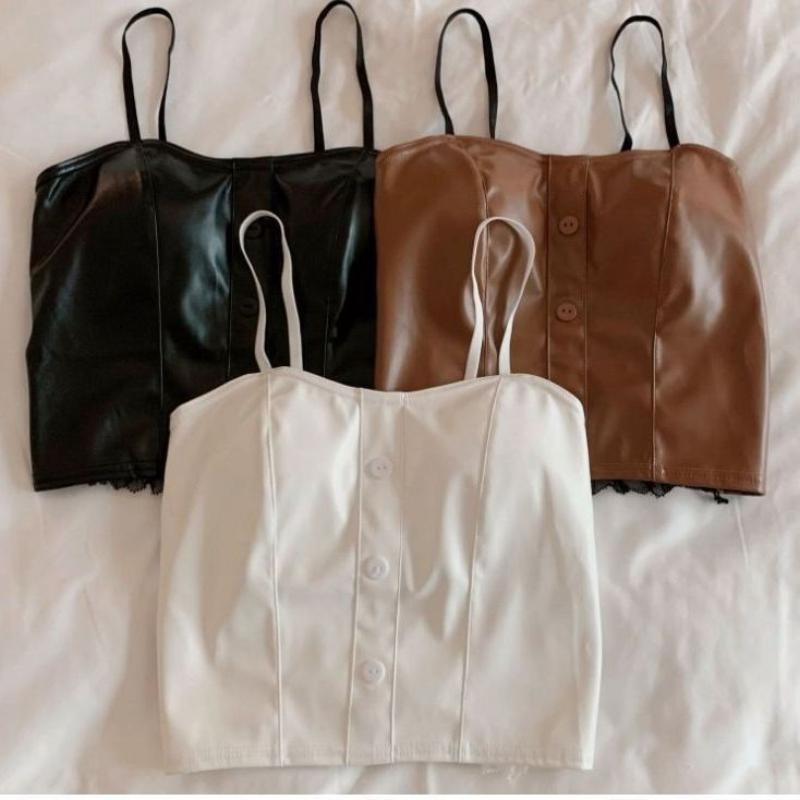 Sexy PU Leather Camisole Top Women Black Sleeveless Vest Bra with Chest Pad Underwear Korean Fashion Streetwear Female Clothes