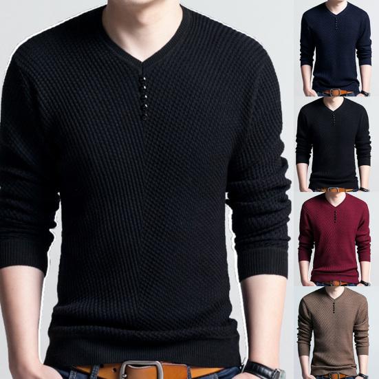 Chic Men Solid Color V Neck Long Sleeve Pullover Slim Fit Knitted Sweater Blouse