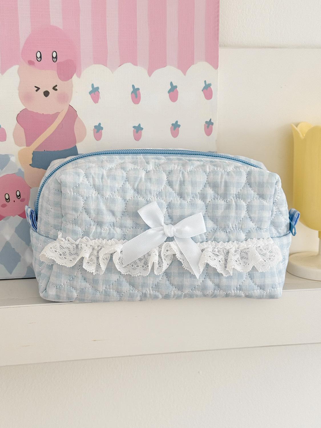 

Korean Plaid Lace Makeup Bag Quilted Heart-shaped Octagonal Cosmetics Organizers Cute Sweet Pencil Case Girls Travel Wash Bag синій