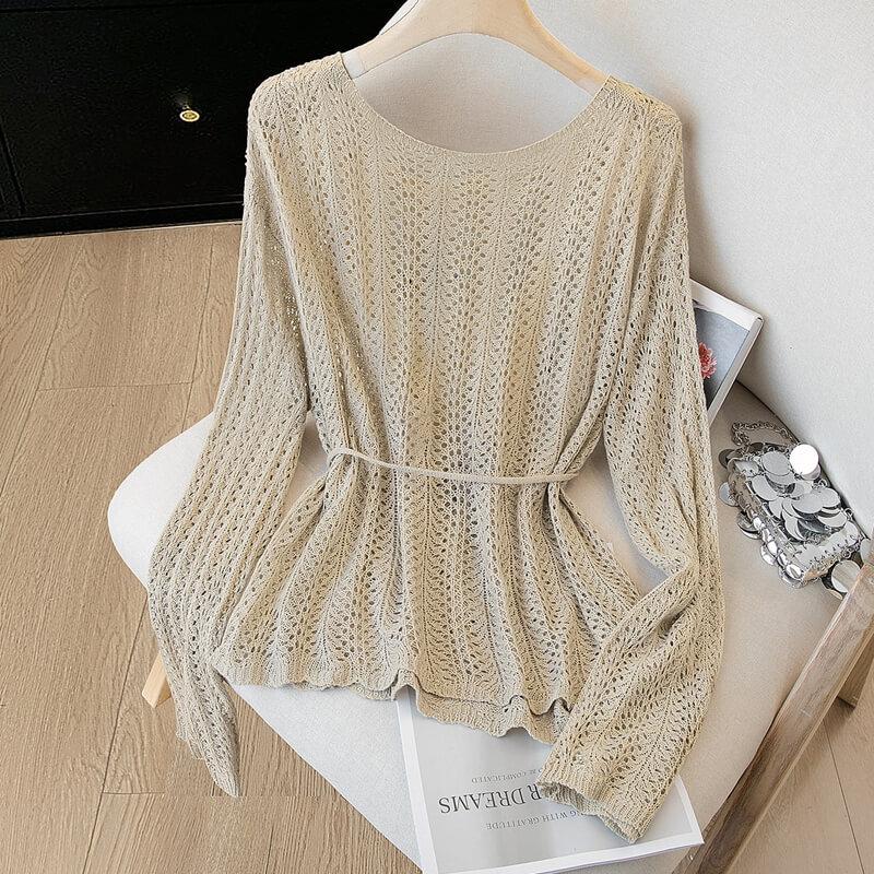 Women's Hollow-out Drop Shoulder Round Neck Knit Top