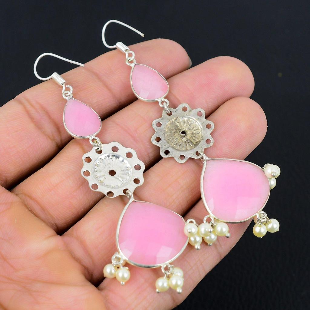Rosa Chalcedon Edelstein Mutter Geburtstag Hängeohrringe Schmuck Sterling Silber