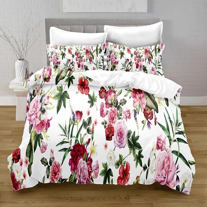 Floral Duvet Cover Set King Queen Lovely Red Pink Flowers and Green Leaf Polyester Bedding Set for Girls Women Black Multicolor