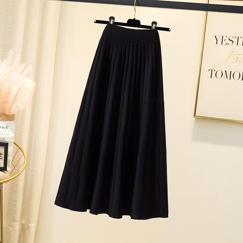 Knitted Skirt for Women Autumn and Winter High Waist Mid Length A-line Pleated Skirt