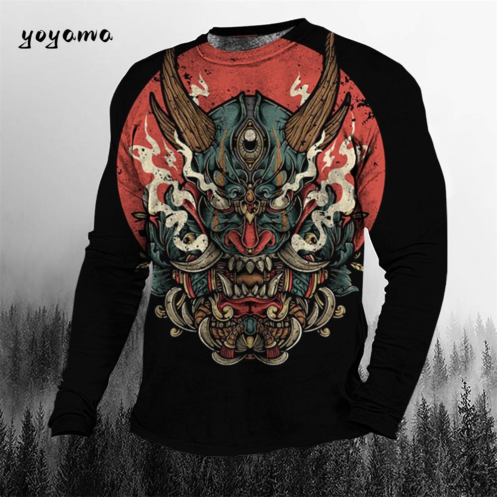 Rundhals 3D Japanischer Samurai-Druck Lässige Langarm-Herren-T-Shirts - Weicher, mittelelastischer Polyesterstoff Frühling und Herbst Relaxed Fit Kleidung