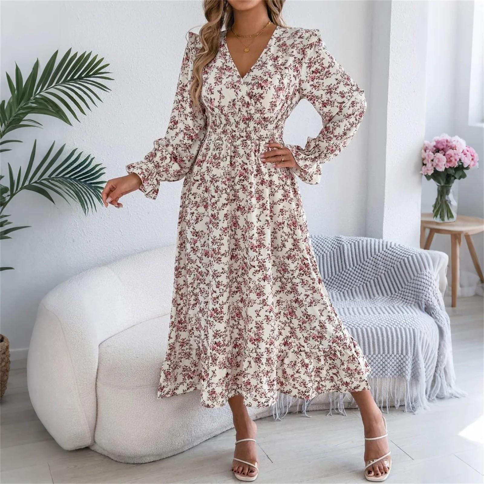 

Женское модное ретро платье с цветочным принтом, длинным рукавом, приталенное, А-силуэта, с V-образным вырезом, пуловер XL белый