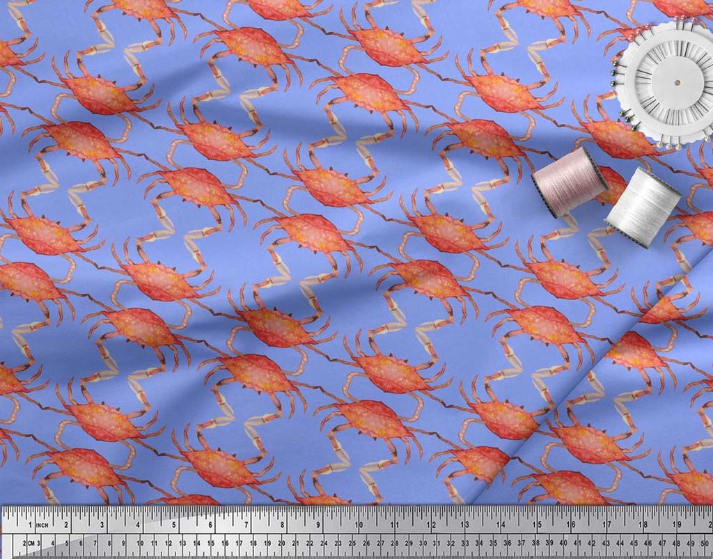 Soimoi Beige Japan Crepe Satin Fabric Crabs Ocean Print Fabric by the metre 42 Inch