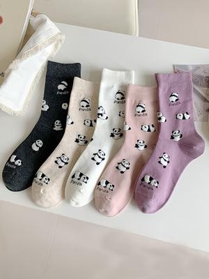 5 Pares Meias Femininas Panda Desenho Animado Fofas Confortáveis Respiráveis Meias de Cano Médio Divertidas da Moda para Mulheres