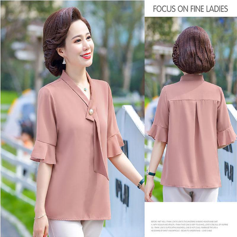 Topuri din șifon de damă Cămașă moale de vară pentru mame Cămașă pulover cu mânecă scurtă Femei de vârstă mijlocie