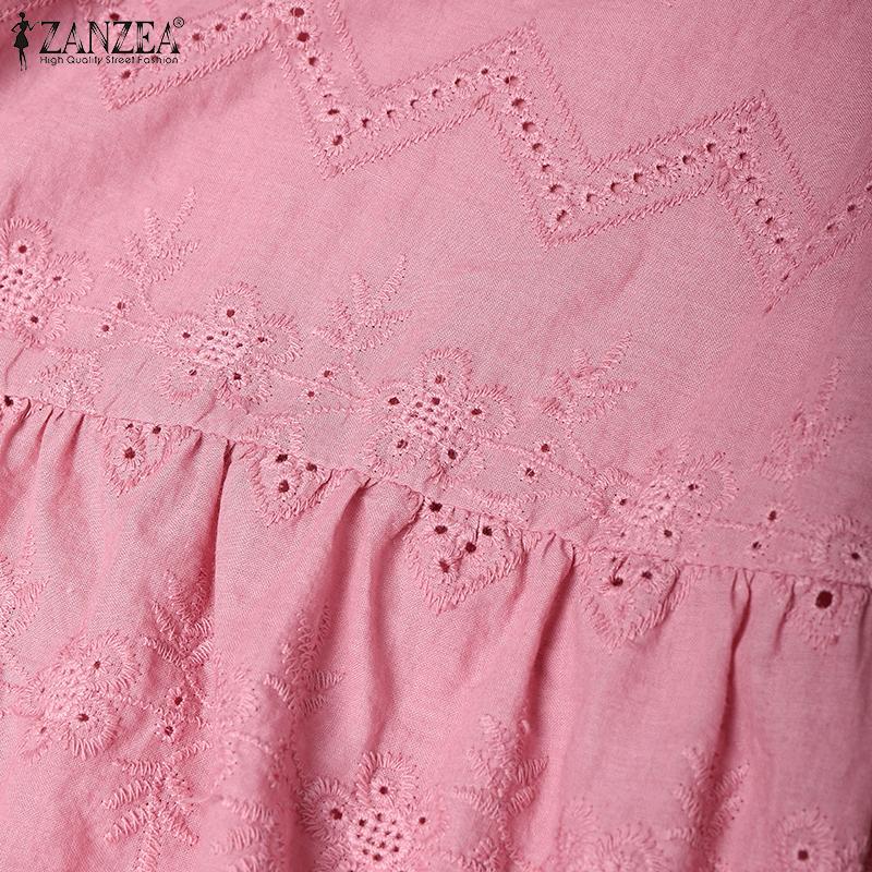 ZANZEA Women Casual Round Neck Embroidered Crochet Patchwork Short Sleeve Dress