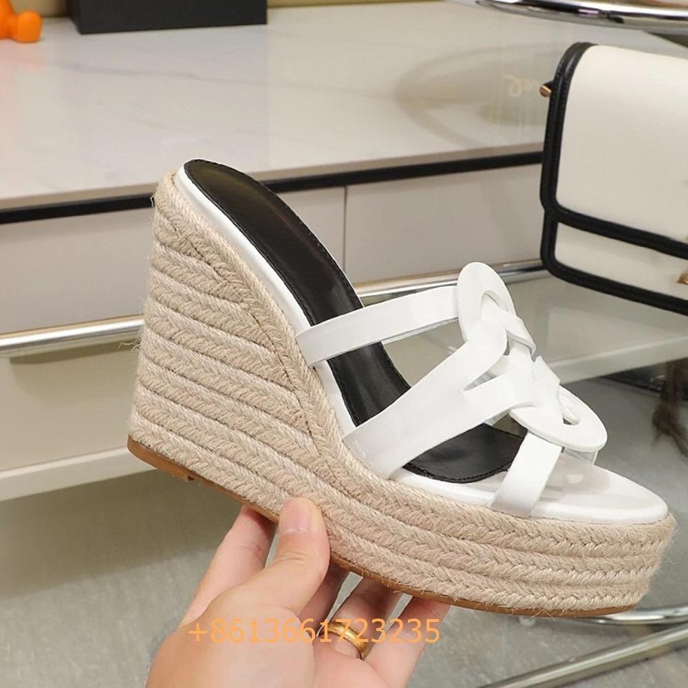 Fashion Corss Strap Patent Leather Platform Women Sandals Wedges Espadrilles Slip On Fashion Heels Open Toe 2025 Summer Newest Slides