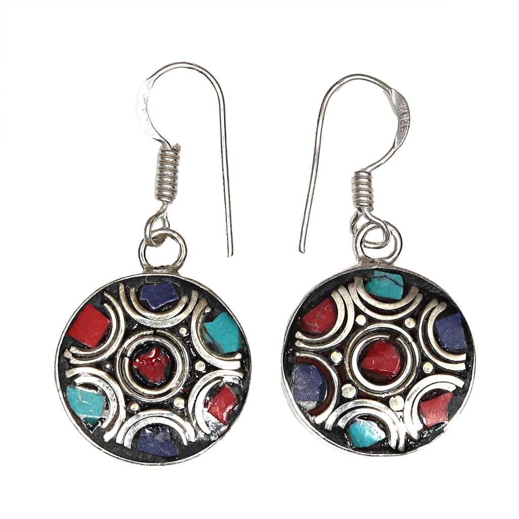 Tibetan Turquoise Coral Red Earrings Nepali Tribal 12gms 1.5" 1.6" Chunky Gift