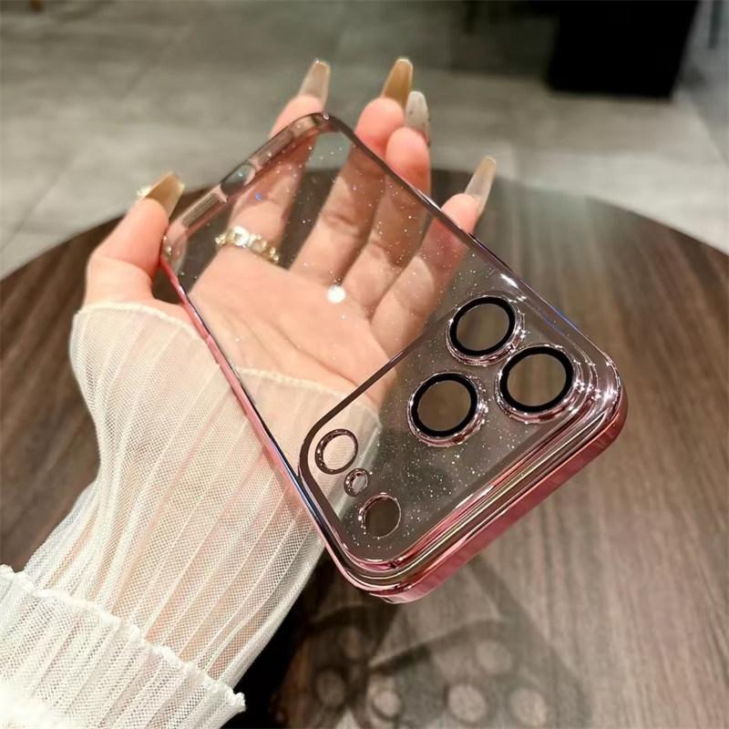 Plating Sparkling Transparent Case For iPhone 17 Air 16 15 14 Plus 13 12 11 Pro Max Shiny Glitter Bling Rugged PC Armor Cover