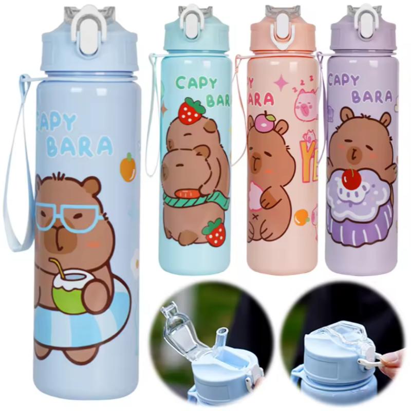 700ml Capybara Cute Water Bottle Large Capacity Sports Water Bottle with Straw & Handle Kawaii Water Cup for Outdoor Activities