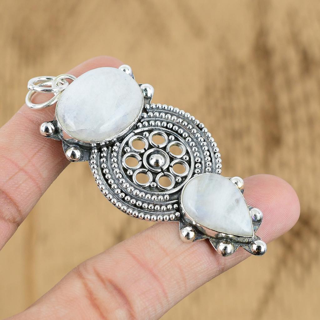 925 Sterling Silver Rainbow Moonstone Gemstone Art Deco Anniversary Wife Pendant