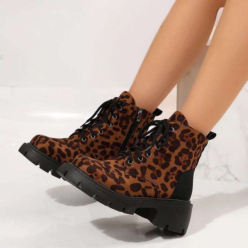 Leopard Women Ankle Boots Platform Heels Shoes Brand Autumn Winter Fashion Motorcycle Boots  Trend Goth Pumps Botas Mujer