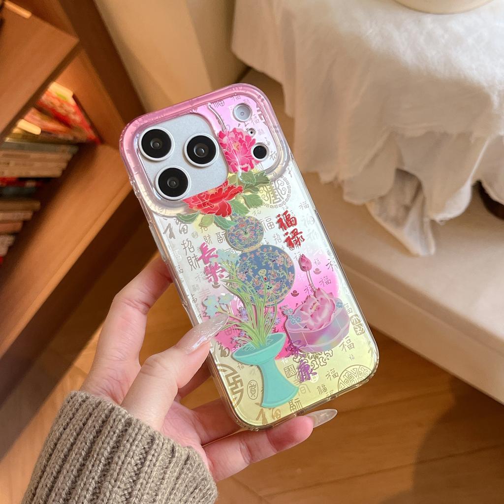 Traditional Chinese Gradient Peony & Lantern Pink Fan Tassel Phone Case for iPhone 17 16 15 14 11 12 13 Pro Max Plus Back Cover