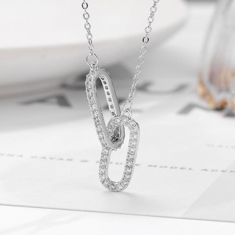 Geometric Square Double Ring Necklace Women s Simple Versatile Interlocking Pendant Clavicle Chain