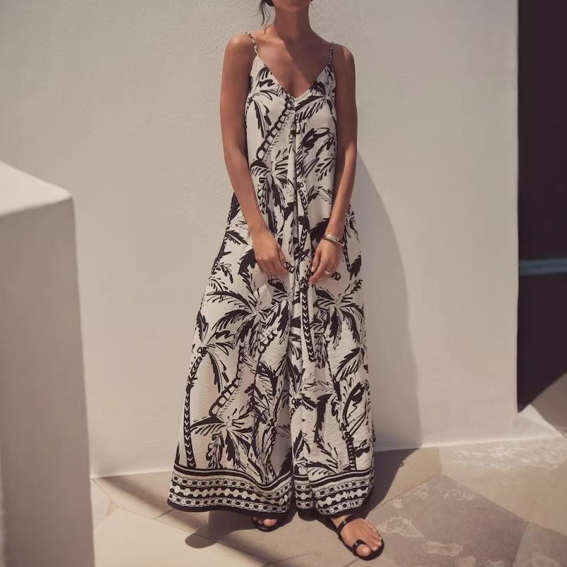 Women s V Neck Spaghetti Strap Maxi Dress Lemon Fruit Print Flowy Big Hem Summer Beach Vacation Bohemian Long Sundress S
