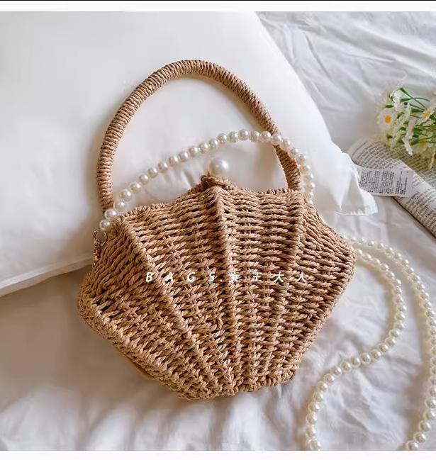 Muschelförmige Kette Kleine Umhängetasche Rattan Gewebt Ins Schulter Tragbar Strandurlaub Strohtasche