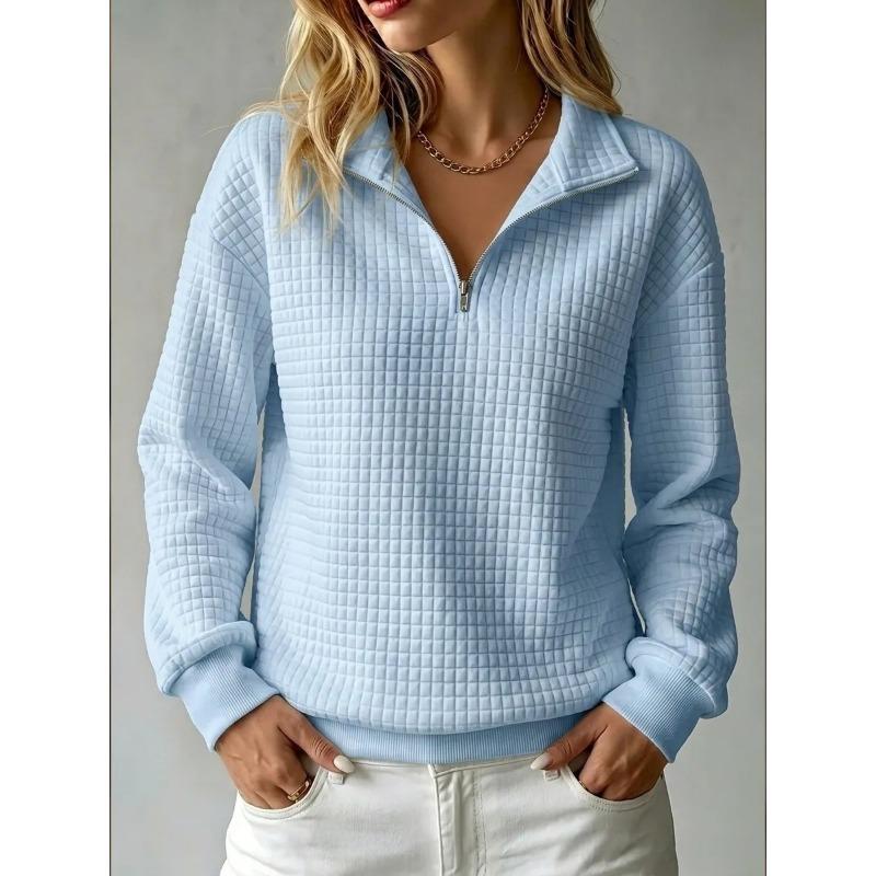 Women S Loose Fit Waffle Solid Color Stand Collar Zip Up Long Sleeve Sweatshirt