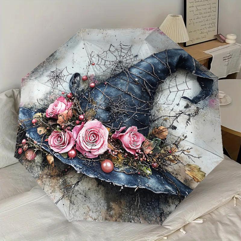 1ks Čarodějnický klobouk Vzor s květinami Design deštníku Automatické otevírání a zavírání Deštník, Vysoce kvalitní Cestovní deštník, Lehký a přenosný, -52