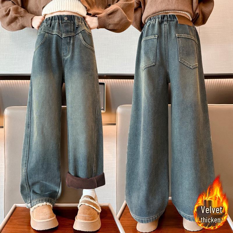 Girls' 2025 Korean Style Fleece-Lined Loose Wide-Leg Winter Jeans for Middle and Big Children