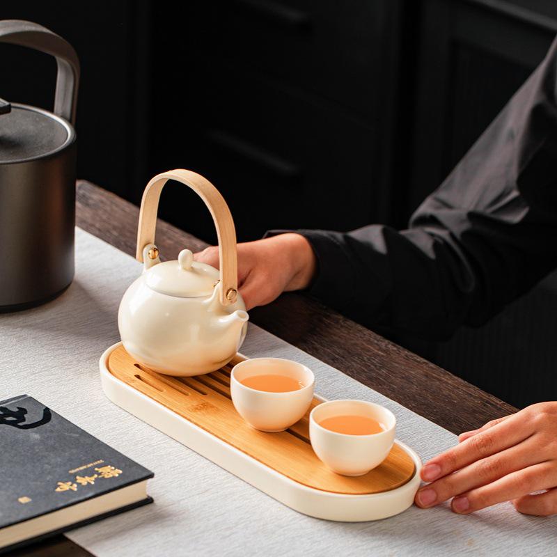 Ceramic Cream Style Teapot and Kung Fu Tea Set with Handle - Perfect for Hotels, B&Bs, Business Gifts, Custom Logo Available