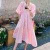 Summer V-Neck Pink Striped Dress Loose Tummy-Hiding Slimming Mid-Length Knee-Length Skirt