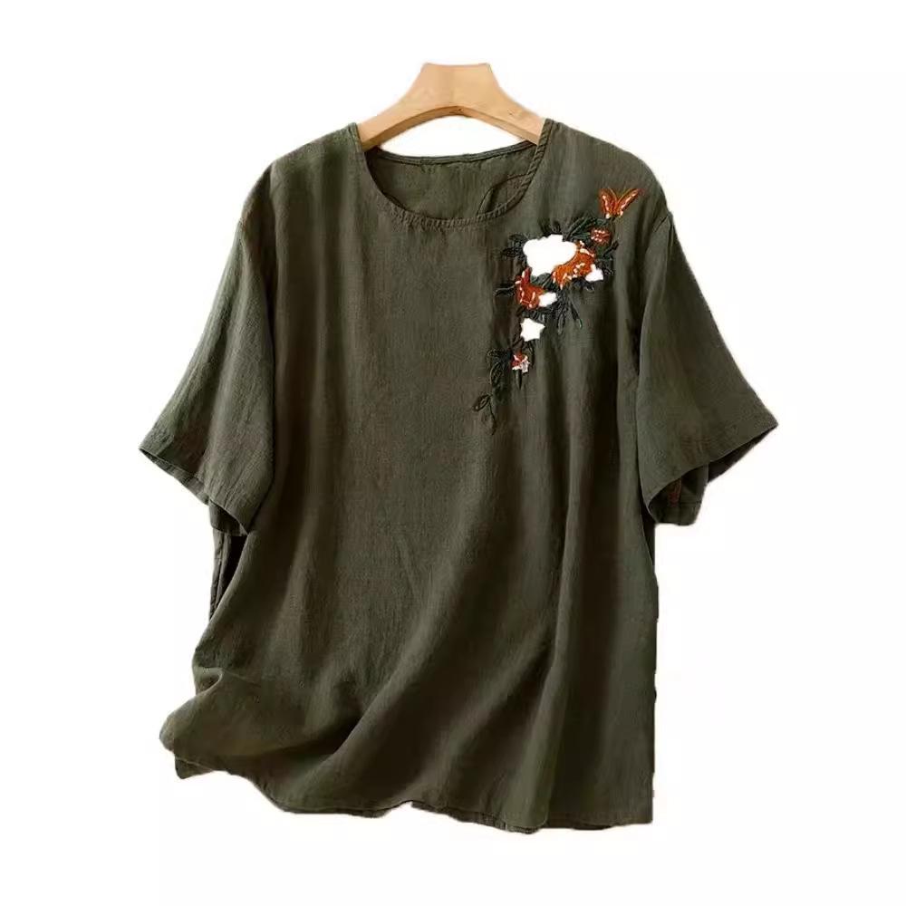 Women's Retro Korean Style Plus Size Embroidered Cotton Linen T-Shirt