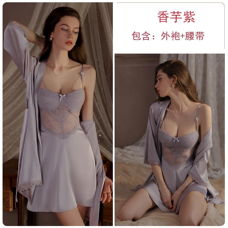 Women's Plus Size Lace Cutout Padded Cami Sleep Dress with Open Front Robe Set