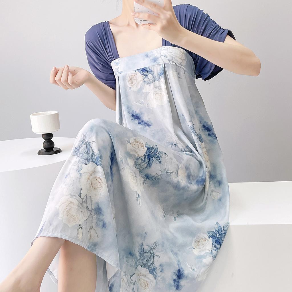 Short-sleeved cotton silk nightgown women's summer square collar improved Hanfu national style cotton silk skirt loungewear can be worn outside