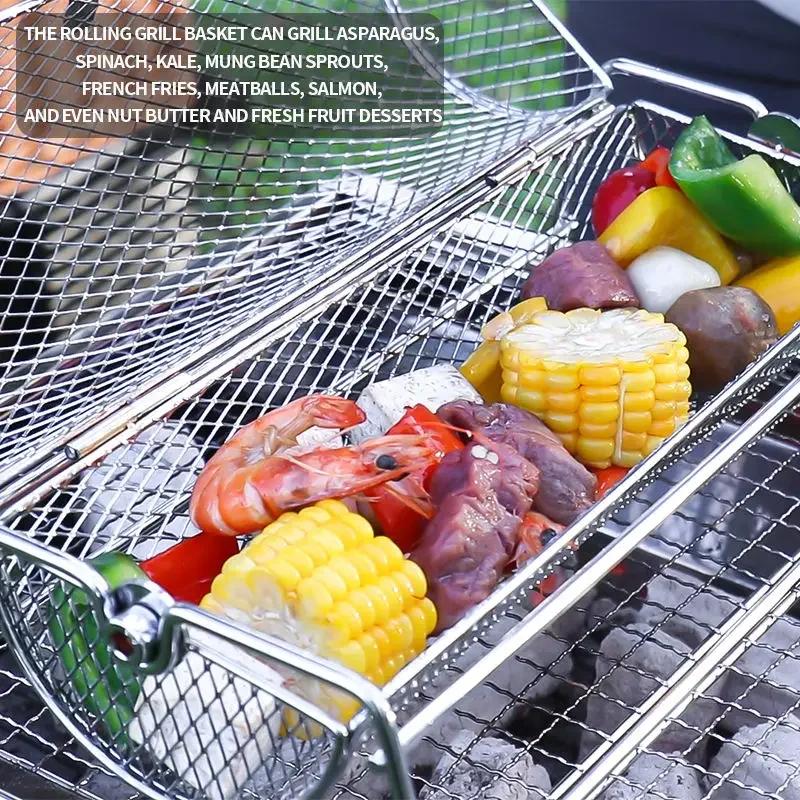 Stainless Steel BBQ Grill Rotisserie Basket, Rolling Mesh Cage for Chicken Roaster, Outdoor Camping Cooking Accessories