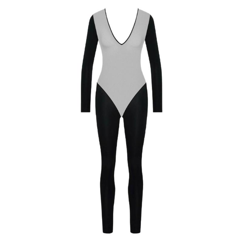 Europäischer und amerikanischer Sommer sexy tiefer Ausschnitt langärmelig hohe Taille durchsichtig langer Jumpsuit für Damen