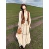 2025 Beige Women's Two-Piece Set: Retro Merlot Vest & Long Dress for Spring/Autumn Holidays