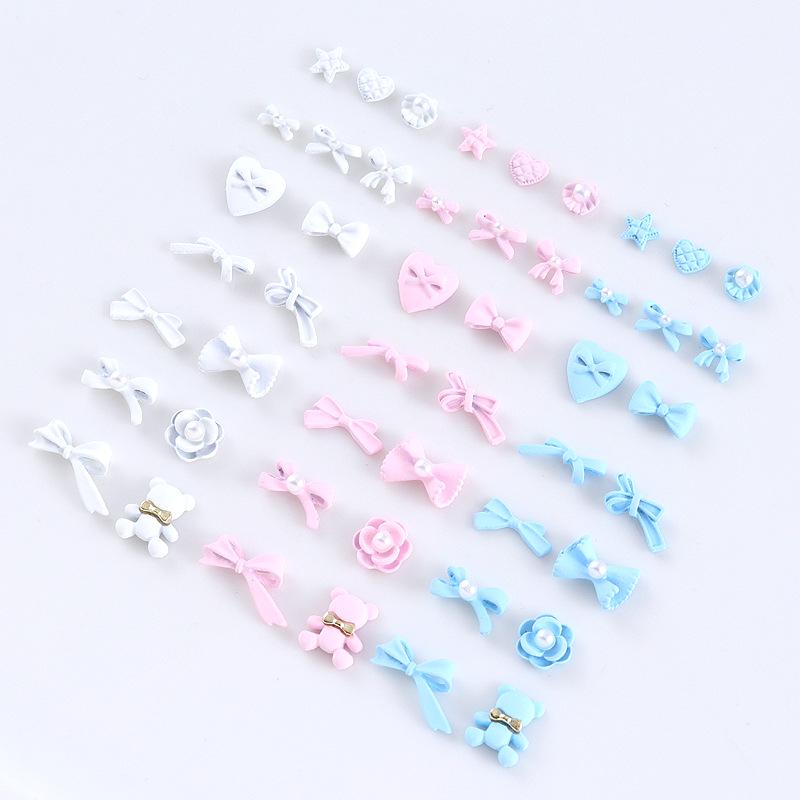 New Cute Bow Heart Nail Art: Frosted Matte Blue & Pink