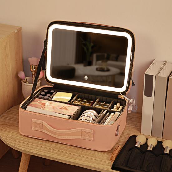 Bag with LED Mirror Travel Cosmetic Organizer with Adjustable Dividers