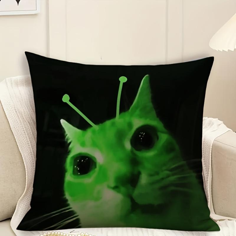 1Pc Alien Cat Meme Pillow Cover, Polyester 2D Double Sided Print Cushion Case, Funny Green Space Cat Throw Pillowcase, Quirky Gi Peach skin 18*18(CM)-1Pcs