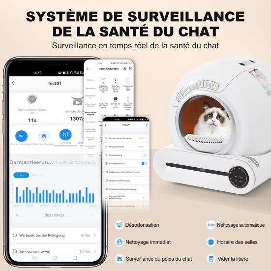 Selbstreinigende Katzentoilette Katzenklo 65L Fassungsvermögen Infrarotsensor APP-gesteuert 3 Modi Geruchsentfernung Sicher Kindersicherung Mehrere Katzen Intelligentes Kätzchen