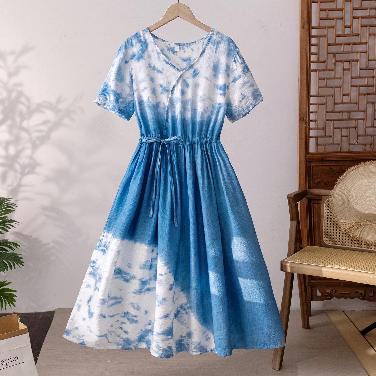Yunnan Tie-Dye Lace-Up V-Neck Summer Dress for Women Medium