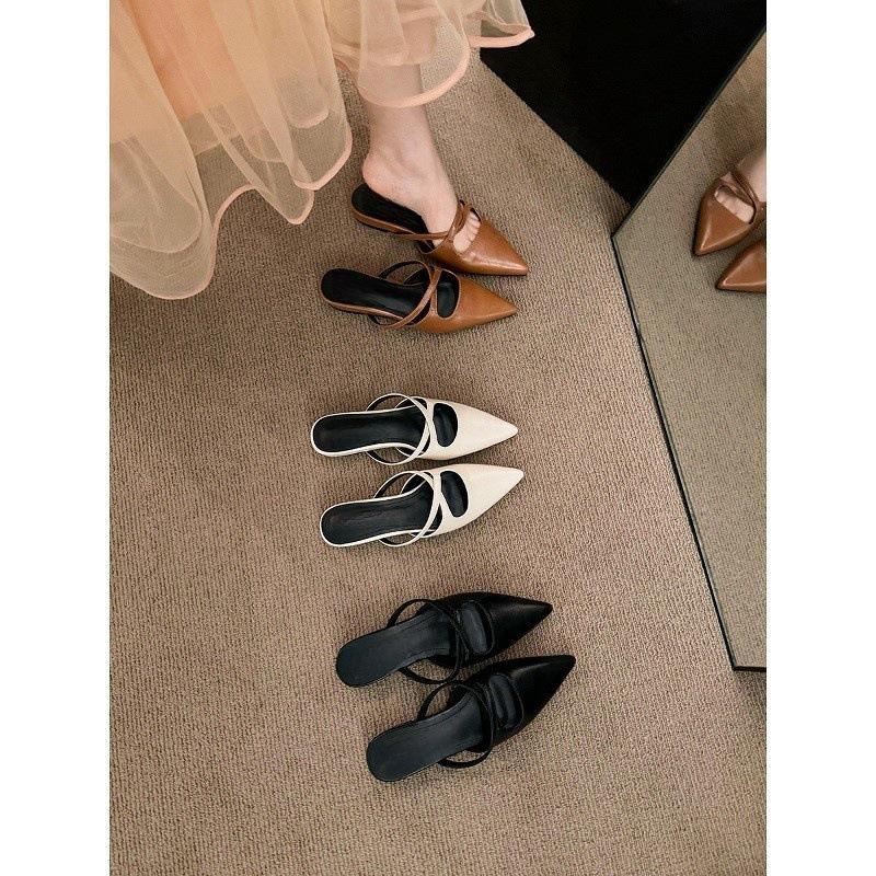 French thick heel temperament bag head half slippers women's shoes wear 2025 new spring and summer pointed retro style single shoes