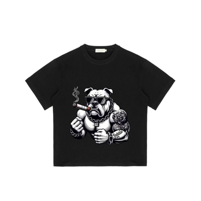 Black T Shirt with Bulldog Smoking Cigar Tattoo Design for Casual Streetwear Style